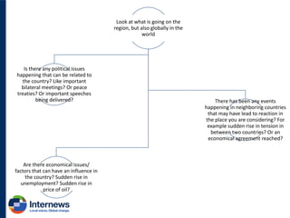 Look at what is going on the
region, but also globally in the
world

Is there any political issues
happening that can be related to
the country? Like important
bilateral meetings? Or peace
treaties? Or important speeches
being delivered?

Are there economical issues/
factors that can have an influence in
the country? Sudden rise in
unemployment? Sudden rise in
price of oil?

There has been any events
happening in neighboring countries
that may have lead to reaction in
the place you are considering? For
example sudden rise in tension in
between two countries? Or an
economical agreement reached?

 