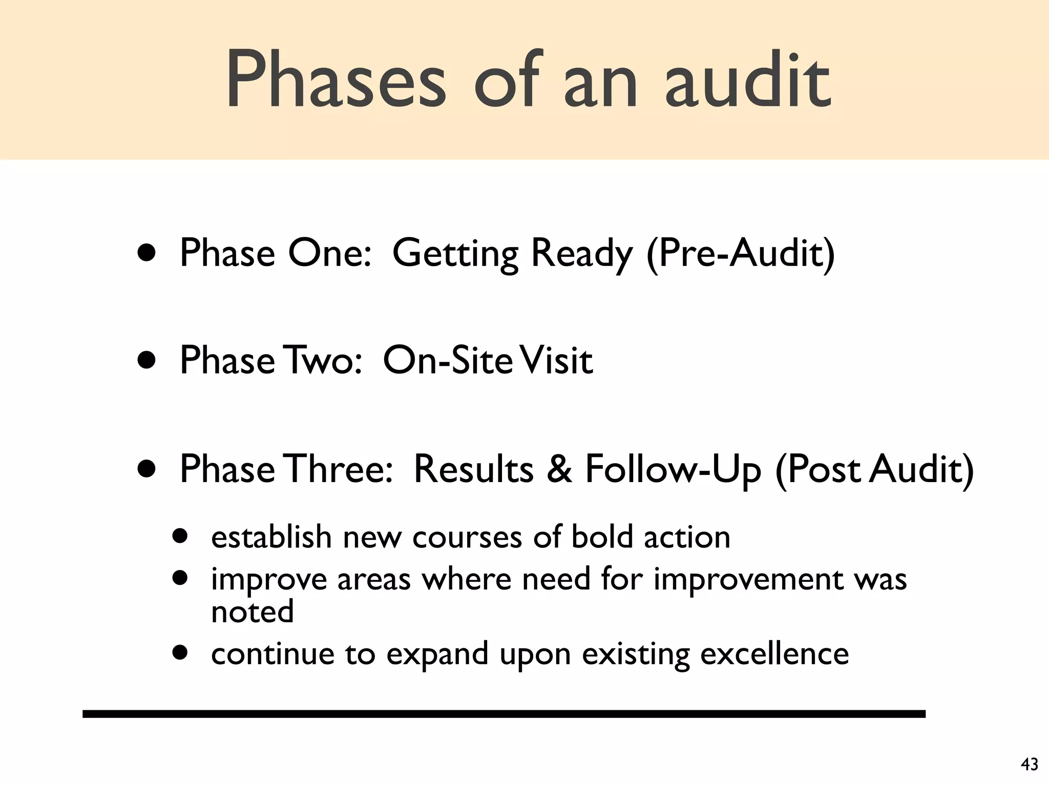 Phases of an audit

• Phase One: Getting Ready (Pre-Audit)
• Phase Two: On-Site Visit
• Phase Three: Results & Follow-Up (Post Audit)
 •   establish new courses of bold action
 •   improve areas where need for improvement was
     noted
 •   continue to expand upon existing excellence


                                                    43
 