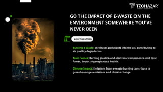 GO THE IMPACT OF E-WASTE ON THE
ENVIRONMENT SOMEWHERE YOU'VE
NEVER BEEN
Burning E-Waste: It releases pollutants into the air, contributing to
air quality degradation.
Toxic Fumes: Burning plastics and electronic components emit toxic
fumes, impacting respiratory health.
Climate Impact: Emissions from e-waste burning contribute to
greenhouse gas emissions and climate change.
AIR POLLUTION
 
