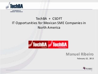 TechBA + CSOFT
IT Opportunities for Mexican SME Companies in
                North America




                                Manuel Ribeiro
                                       February 12, 2013




                                                     1
 