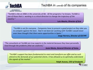 TechBA in words of its companies

   “TechBA is like an MBA in the university of life. Of the programs I’ve known, TechBA ...