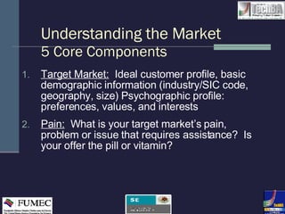 Understanding the Market 5 Core Components Target Market:   Ideal customer profile, basic demographic information (industry/SIC code, geography, size) Psychographic profile:  preferences, values, and interests  Pain:   What is your target market’s pain, problem or issue that requires assistance?  Is your offer the pill or vitamin? 