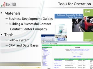 Materials Business Development Guide s Building a Successful Contact Contact Center Company Tools Follow system CRM and Data Bases Tools for Operation 