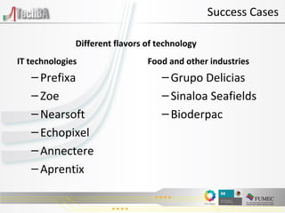 Success Cases IT technologies Prefixa Zoe Nearsoft Echopixel Annectere Aprentix Food and other industries Grupo Delicias Sinaloa Seafields Bioderpac Different flavors of technology 