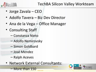 TechBA Silicon Valley Workteam Jorge Zavala – CEO Adolfo Tavera – Biz Dev Director Ana de la Vega – Office Manager Consulting Staff Constanza Nieto Adolfo Nemirovsky Simon Goldbard José Mendez Ralph Aceves Network External Consultants: More than 150 