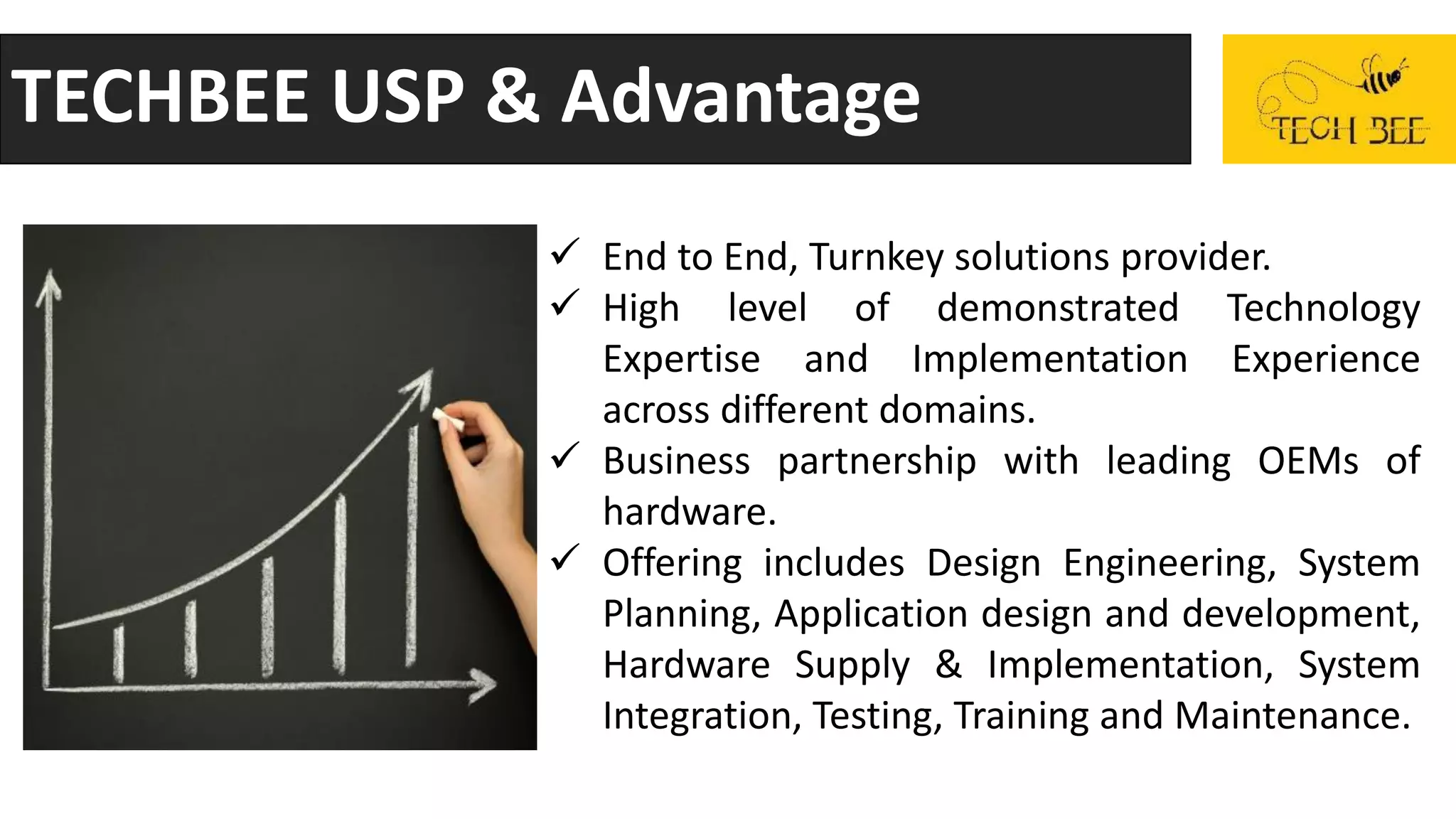 TECHBEE USP & Advantage
 End to End, Turnkey solutions provider.
 High level of demonstrated Technology
Expertise and Implementation Experience
across different domains.
 Business partnership with leading OEMs of
hardware.
 Offering includes Design Engineering, System
Planning, Application design and development,
Hardware Supply & Implementation, System
Integration, Testing, Training and Maintenance.
 