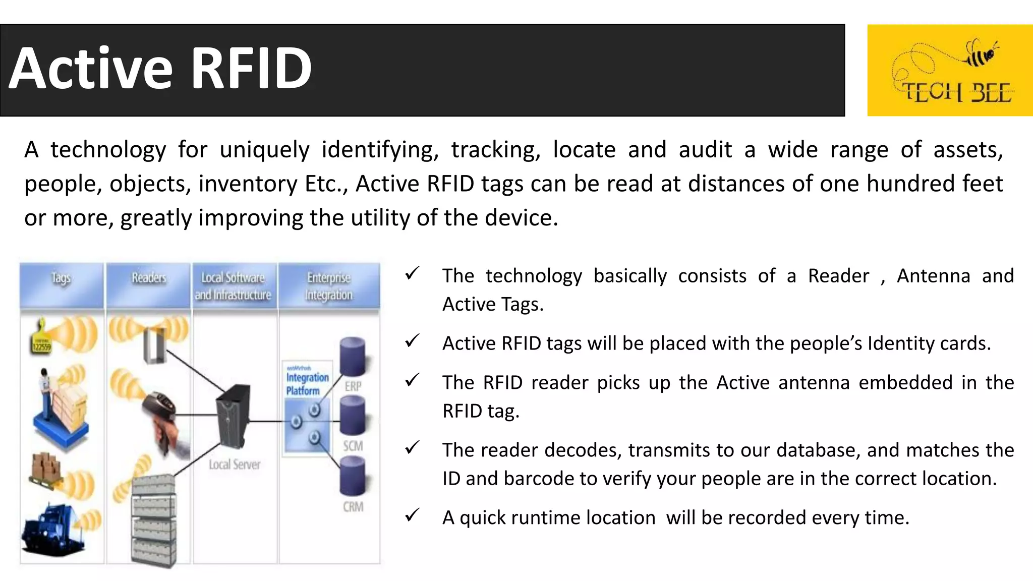 A technology for uniquely identifying, tracking, locate and audit a wide range of assets,
people, objects, inventory Etc., Active RFID tags can be read at distances of one hundred feet
or more, greatly improving the utility of the device.
Active RFID
 The technology basically consists of a Reader , Antenna and
Active Tags.
 Active RFID tags will be placed with the people’s Identity cards.
 The RFID reader picks up the Active antenna embedded in the
RFID tag.
 The reader decodes, transmits to our database, and matches the
ID and barcode to verify your people are in the correct location.
 A quick runtime location will be recorded every time.
 