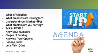 - What is Valuation
- What are investors looking for?
- Understand your Market (4Ps)
- What problem are you solving?
- Talk in PESTLE
- Know your Numbers
- Stages of Funding
- Knowing Your Options
- Banana Peels
- Let’s Talk (Q&A)
 