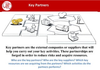 Who are the key partners? Who are the key suppliers? Which key
resources are we acquiring from the partners? Which activities do the
partners performs?
Key Partners
Key partners are the external companies or suppliers that will
help you carry out your key activities. These partnerships are
forged in order to reduce risks and acquire resources.
 