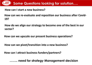 How can I start a new business?
How can we re-evaluate and reposition our business after Covid-
19?
How do we align our strategy to become one of the best in our
sector?
How can we upscale our present business operations?
How can we pivot/transition into a new business?
How can I attract business funders/partners?
…….. need for strategy Management decision
Some Questions looking for solution….
 