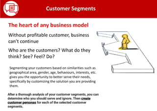 Customer Segments
The heart of any business model
Without profitable customer, business
can’t continue
Who are the customers? What do they
think? See? Feel? Do?
Segmenting your customers based on similarities such as
geographical area, gender, age, behaviours, interests, etc.
gives you the opportunity to better serve their needs,
specifically by customizing the solution you are providing
them.
After a thorough analysis of your customer segments, you can
determine who you should serve and ignore. Then create
customer personas for each of the selected customer
segments.
 