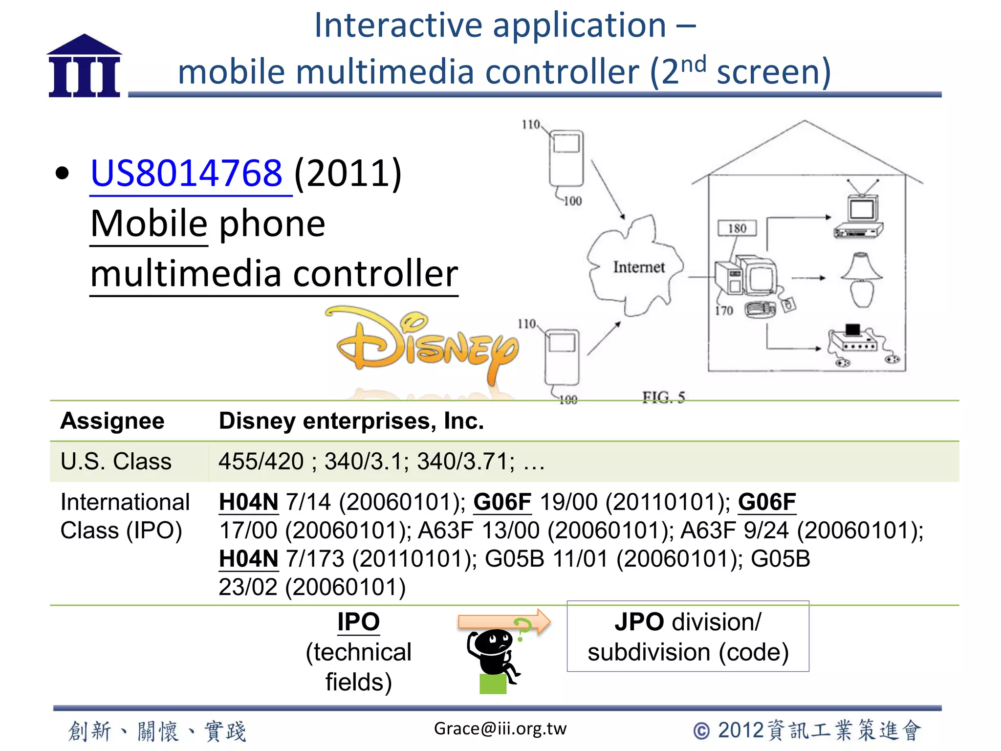 • US8014768 (2011)
Mobile phone
multimedia controller
Grace@iii.org.tw
JPO division/
subdivision (code)
IPO
(technical
fields)
Assignee Disney enterprises, Inc.
U.S. Class 455/420 ; 340/3.1; 340/3.71; …
International
Class (IPO)
H04N 7/14 (20060101); G06F 19/00 (20110101); G06F
17/00 (20060101); A63F 13/00 (20060101); A63F 9/24 (20060101);
H04N 7/173 (20110101); G05B 11/01 (20060101); G05B
23/02 (20060101)
Interactive application –
mobile multimedia controller (2nd screen)
 
