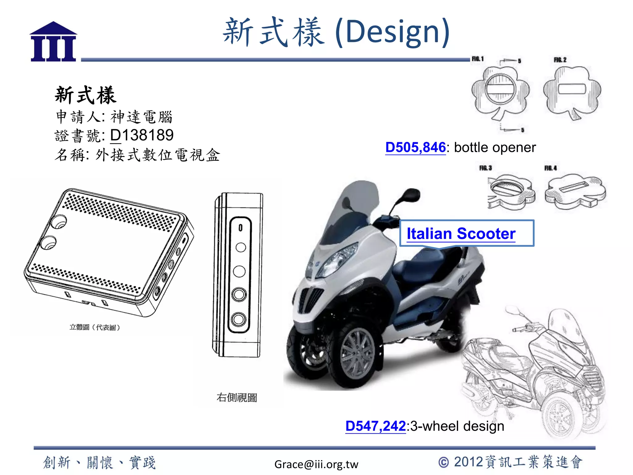 新式樣 (Design)
新式樣
申請人: 神達電腦
證書號: D138189
名稱: 外接式數位電視盒 D505,846: bottle opener
Italian Scooter
D547,242:3-wheel design
Grace@iii.org.tw
 