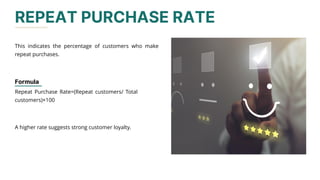 REPEAT PURCHASE RATE
Formula
Repeat Purchase Rate=(Repeat customers/ Total
customers​)×100
This indicates the percentage of customers who make
repeat purchases.
A higher rate suggests strong customer loyalty.
 