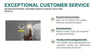 01
02
03
EXCEPTIONAL CUSTOMER SERVICE
DELIVER EXCEPTIONAL CUSTOMER SERVICE TO BUILD TRUST AND
LOYALTY.
Proactive Communication
Reach out to customers with updates,
follow-ups, and proactive support.
Quick Resolution
Resolve customer issues and complaints
promptly and efficiently.
Friendly and Knowledgeable Staff
Train customer service representatives to be
empathetic, friendly, and well-informed
about the products and services.
 