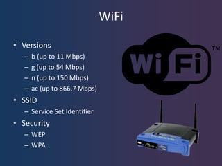 WiFi Continued

• Distance matters
• Channels
• Access Points /
  Repeaters / Extenders
 