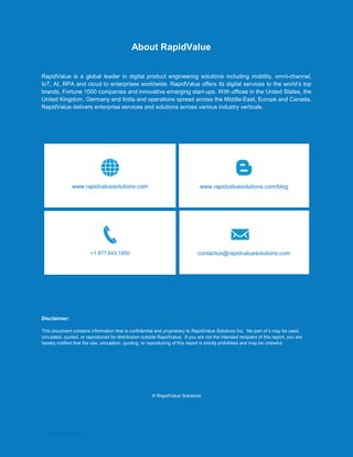 Data Seeding via Parameterized API Requests
About RapidValue
RapidValue is a global leader in digital product engineering solutions including mobility, omni-channel,
IoT, AI, RPA and cloud to enterprises worldwide. RapidValue offers its digital services to the world’s top
brands, Fortune 1000 companies and innovative emerging start-ups. With offices in the United States, the
United Kingdom, Germany and India and operations spread across the Middle-East, Europe and Canada,
RapidValue delivers enterprise services and solutions across various industry verticals.
Disclaimer:
This document contains information that is confidential and proprietary to RapidValue Solutions Inc. No part of it may be used,
circulated, quoted, or reproduced for distribution outside RapidValue. If you are not the intended recipient of this report, you are
hereby notified that the use, circulation, quoting, or reproducing of this report is strictly prohibited and may be unlawful.
© RapidValue Solutions
www.rapidvaluesolutions.com/blogwww.rapidvaluesolutions.com
+1 877.643.1850 contactus@rapidvaluesolutions.com
© RapidValue Solutions 10
 