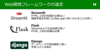 Web開発フレームワークの選定
Streamlit
HTML, CSSの知識が必要ない
機械学習を利用したWeb appに用いられることが多い
Flask
Streamlitよりも自由度が高い
HTML, CSSの知識は必要
Django
デー...