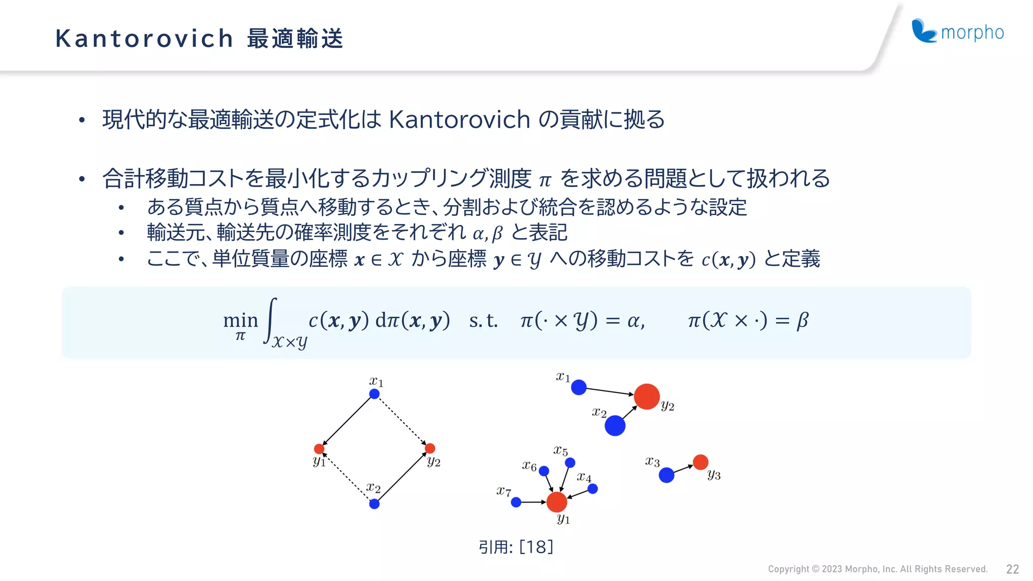 Copyright © 2023 Morpho, Inc. All Rights Reserved. 22
• 現代的な最適輸送の定式化は Kantorovich の貢献に拠る
• 合計移動コストを最小化するカップリング測度 𝜋 を求める問題として扱われる
• ある質点から質点へ移動するとき、分割および統合を認めるような設定
• 輸送元、輸送先の確率測度をそれぞれ 𝛼, 𝛽 と表記
• ここで、単位質量の座標 𝒙 ∈ 𝒳 から座標 𝒚 ∈ 𝒴 への移動コストを 𝑐 𝒙, 𝒚 と定義
Kantorovich 最適輸送
min
𝜋
න
𝒳×𝒴
𝑐 𝒙, 𝒚 d𝜋 𝒙, 𝒚 s. t. 𝜋 ⋅ × 𝒴 = 𝛼, 𝜋 𝒳 × ⋅ = 𝛽
引用: [18]
 