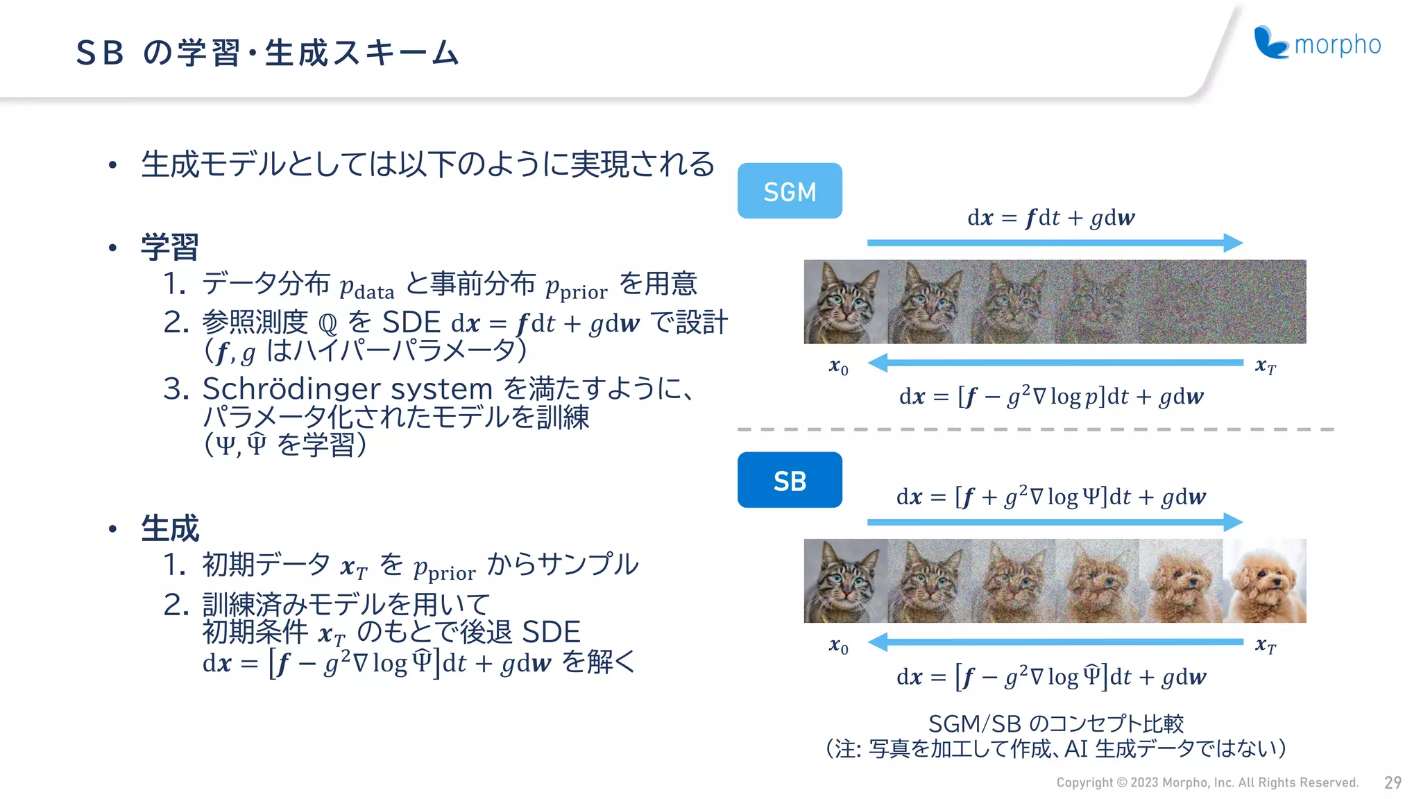 Copyright © 2023 Morpho, Inc. All Rights Reserved. 29
• 生成モデルとしては以下のように実現される
• 学習
1. データ分布 𝑝data と事前分布 𝑝prior を用意
2. 参照測度 ℚ を SDE d𝒙 = 𝒇d𝑡 + 𝑔d𝒘 で設計
（𝒇, 𝑔 はハイパーパラメータ）
3. Schrödinger system を満たすように、
パラメータ化されたモデルを訓練
（Ψ, ෡
Ψ を学習）
• 生成
1. 初期データ 𝒙𝑇 を 𝑝prior からサンプル
2. 訓練済みモデルを用いて
初期条件 𝒙𝑇 のもとで後退 SDE
d𝒙 = 𝒇 − 𝑔2
∇ log ෡
Ψ d𝑡 + 𝑔d𝒘 を解く
SB の学習・ 生成ス キ ーム
d𝒙 = 𝒇 + 𝑔2
∇ log Ψ d𝑡 + 𝑔d𝒘
d𝒙 = 𝒇 − 𝑔2
∇ log ෡
Ψ d𝑡 + 𝑔d𝒘
𝒙0 𝒙𝑇
SGM/SB のコンセプト比較
（注: 写真を加工して作成、AI 生成データではない）
SB
SGM
d𝒙 = 𝒇d𝑡 + 𝑔d𝒘
d𝒙 = 𝒇 − 𝑔2
∇ log 𝑝 d𝑡 + 𝑔d𝒘
𝒙0 𝒙𝑇
 