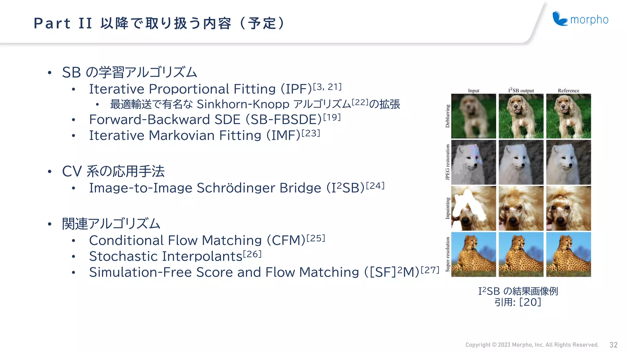 Copyright © 2023 Morpho, Inc. All Rights Reserved. 32
• SB の学習アルゴリズム
• Iterative Proportional Fitting (IPF)[3, 21]
• 最適輸送で有名な Sinkhorn-Knopp アルゴリズム[22]の拡張
• Forward-Backward SDE (SB-FBSDE)[19]
• Iterative Markovian Fitting (IMF)[23]
• CV 系の応用手法
• Image-to-Image Schrödinger Bridge (I2SB)[24]
• 関連アルゴリズム
• Conditional Flow Matching (CFM)[25]
• Stochastic Interpolants[26]
• Simulation-Free Score and Flow Matching ([SF]2M)[27]
Part II 以降で取り扱う内容 （ 予定）
I2SB の結果画像例
引用: [20]
 