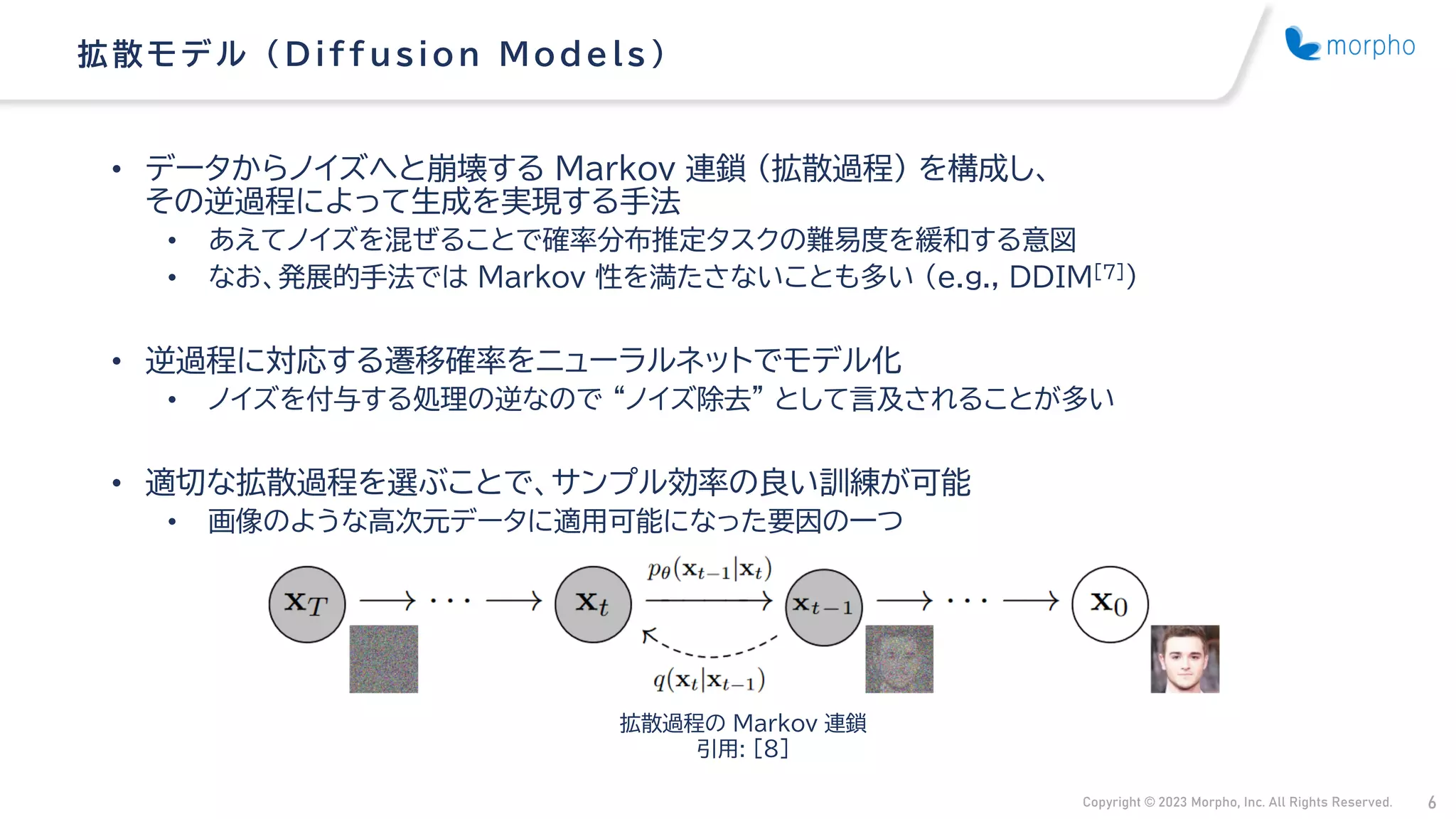 Copyright © 2023 Morpho, Inc. All Rights Reserved. 6
• データからノイズへと崩壊する Markov 連鎖 （拡散過程） を構成し、
その逆過程によって生成を実現する手法
• あえてノイズを混ぜることで確率分布推定タスクの難易度を緩和する意図
• なお、発展的手法では Markov 性を満たさないことも多い （e.g., DDIM[7]）
• 逆過程に対応する遷移確率をニューラルネットでモデル化
• ノイズを付与する処理の逆なので “ノイズ除去” として言及されることが多い
• 適切な拡散過程を選ぶことで、サンプル効率の良い訓練が可能
• 画像のような高次元データに適用可能になった要因の一つ
拡散モデル （ Diffus ion Models ）
拡散過程の Markov 連鎖
引用: [8]
 