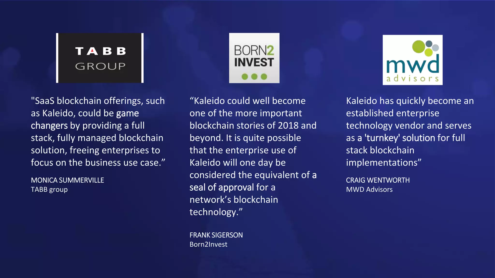"SaaS blockchain offerings, such
as Kaleido, could be game
changers by providing a full
stack, fully managed blockchain
solution, freeing enterprises to
focus on the business use case.”
MONICA SUMMERVILLE
TABB group
Kaleido has quickly become an
established enterprise
technology vendor and serves
as a 'turnkey' solution for full
stack blockchain
implementations”
CRAIG WENTWORTH
MWD Advisors
“Kaleido could well become
one of the more important
blockchain stories of 2018 and
beyond. It is quite possible
that the enterprise use of
Kaleido will one day be
considered the equivalent of a
seal of approval for a
network’s blockchain
technology.”
FRANK SIGERSON
Born2Invest
 