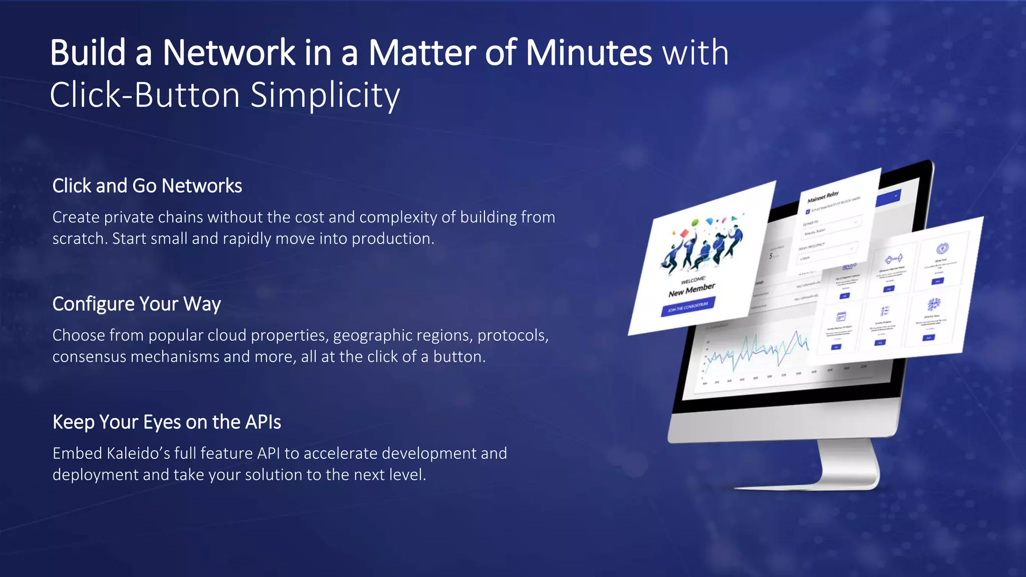 Click and Go Networks
Create private chains without the cost and complexity of building from
scratch. Start small and rapidly move into production.
Configure Your Way
Choose from popular cloud properties, geographic regions, protocols,
consensus mechanisms and more, all at the click of a button.
Keep Your Eyes on the APIs
Embed Kaleido’s full feature API to accelerate development and
deployment and take your solution to the next level.
Build a Network in a Matter of Minutes with
Click-Button Simplicity
 