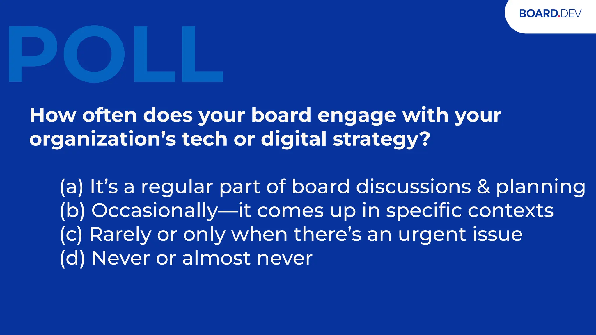 14
POLL
How often does your board engage with your
organization’s tech or digital strategy?
(a) It’s a regular part of board discussions & planning
(b) Occasionally—it comes up in speciﬁc contexts
(c) Rarely or only when there’s an urgent issue
(d) Never or almost never
 