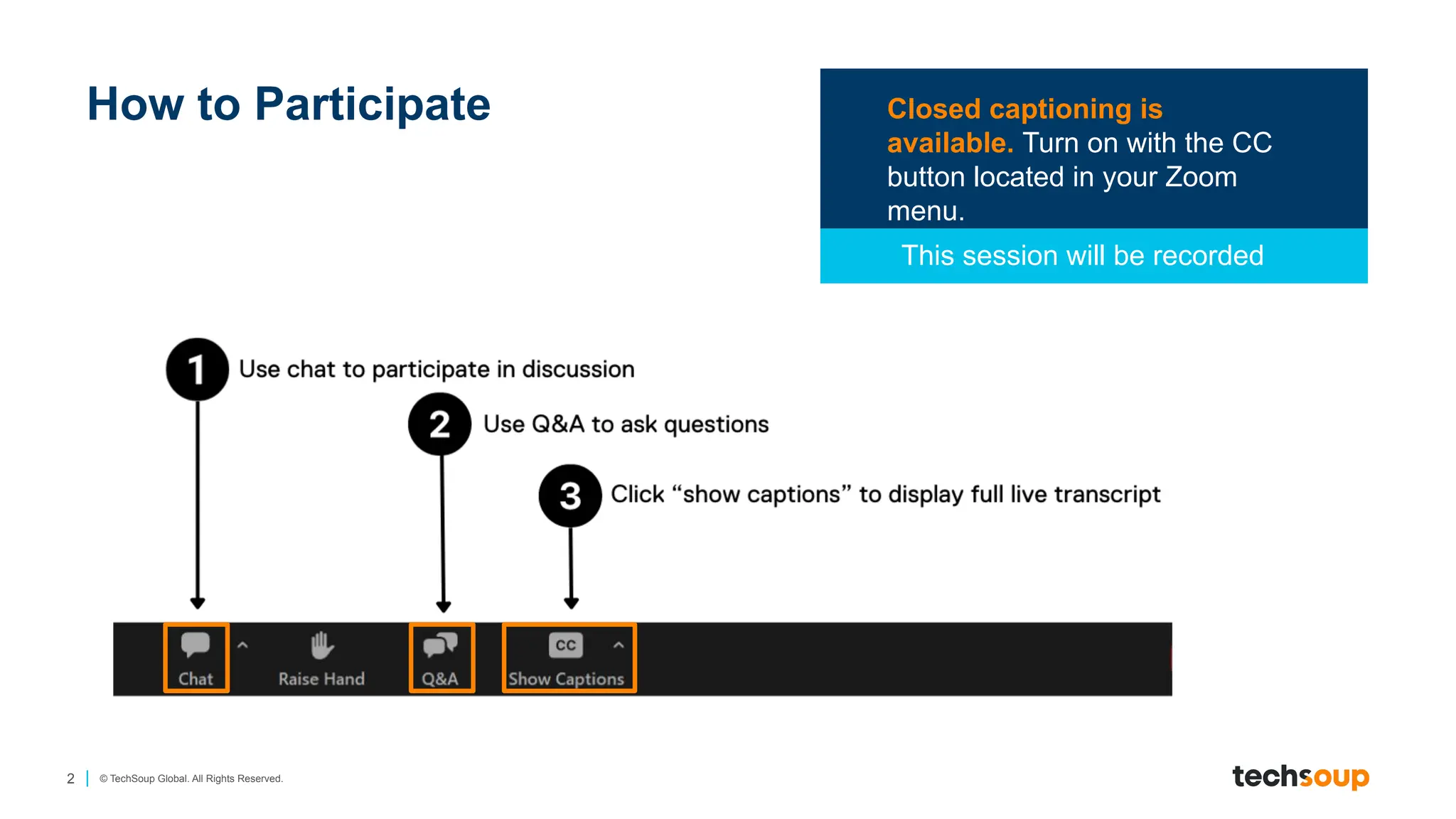2 © TechSoup Global. All Rights Reserved.
Closed captioning is
available. Turn on with the CC
button located in your Zoom
menu.
This session will be recorded
How to Participate
 