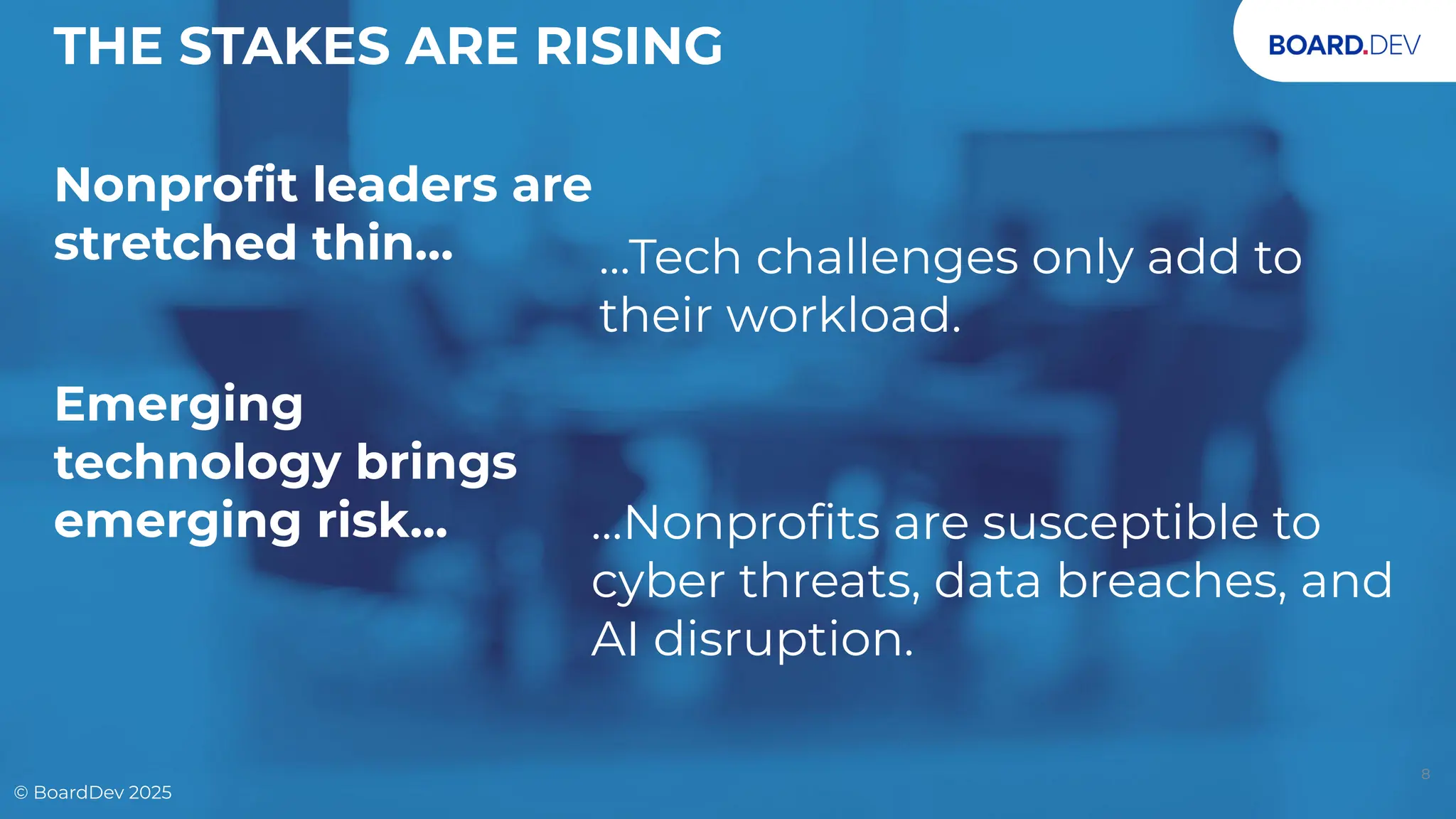 THE STAKES ARE RISING
Nonproﬁt leaders are
stretched thin… …Tech challenges only add to
their workload.
Emerging
technology brings
emerging risk... …Nonproﬁts are susceptible to
cyber threats, data breaches, and
AI disruption.
8
© BoardDev 2025
 