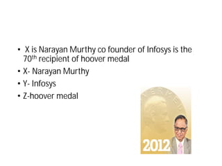 • X is Narayan Murthy co founder of Infosys is the
70th recipient of hoover medal
• X- Narayan Murthy
• Y- Infosys
• Z-hoover medal
 