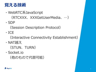 11
覚える技術
・WebRTC系JavaScript
（RTCXXX、XXXGetUserMedia、…）
・SDP
（Session Description Protocol）
・ICE
（Interactive Connectivity Establishment）
・NAT越え
（STUN、TURN）
・Socket.io
（他のもので代替可能）
 
