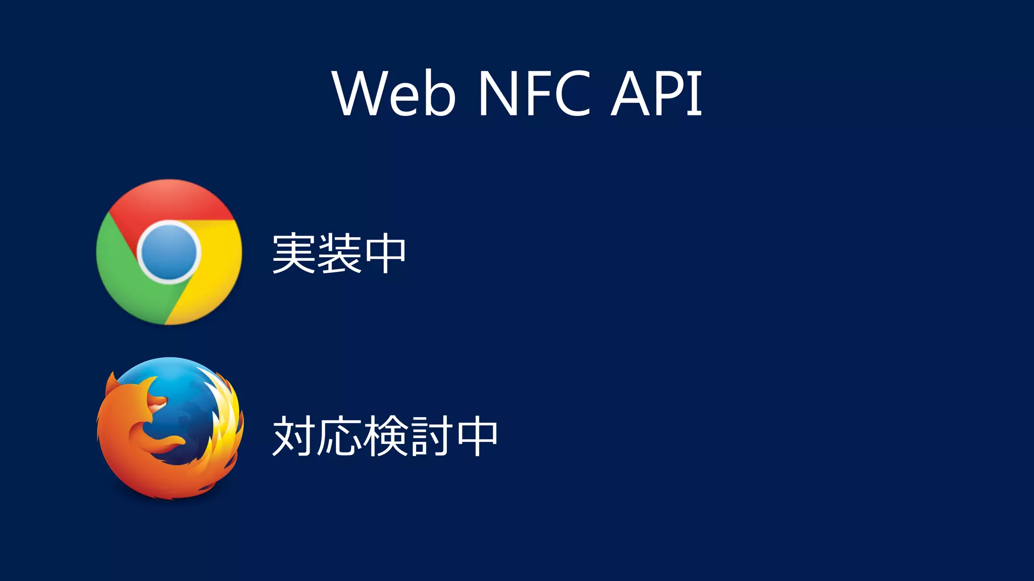 実装中
対応検討中
Web NFC API
 
