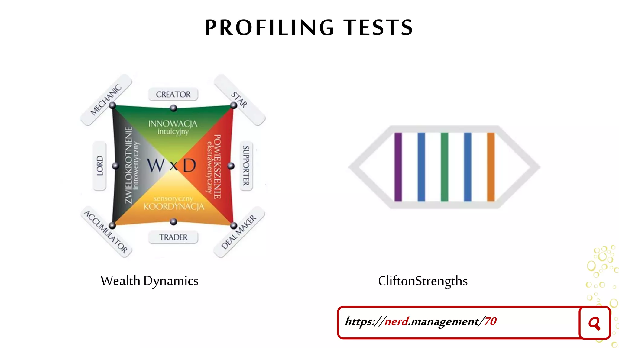PROFILING TESTS
Wealth Dynamics CliftonStrengths
https://nerd.management/70 🔍
 