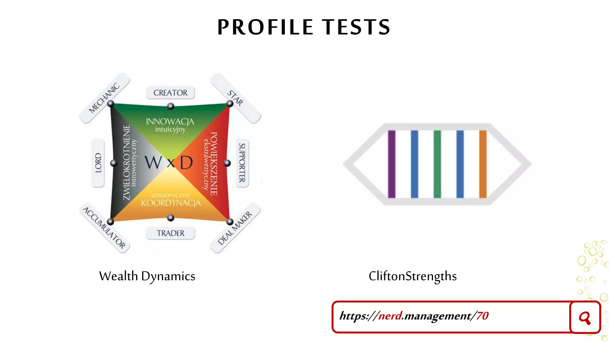 PROFILE TESTS
Wealth Dynamics CliftonStrengths
https://nerd.management/70 🔍
 