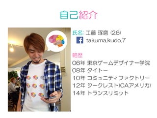 自己紹介
氏名:  工藤  琢磨  (26)
          　takuma.kudo.7
略歴
06年  東京ゲームデザイナー学院
08年  タイトー
10年  コミュニティファクトリー
12年  ジークレスト(CAアメリカ)
14年  トランスリミット
 