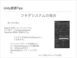 Unity技術Tips
フキダシステムの場合
使い方の流れ
Zigfuを利用してトラッキングし
た人物データをGameObjectの
Transform情報に関連付ける。
フキダシをNGUIのUITextureとし
て生成する。
トラッキングデータを関連付け
ているGameObjectとの位置情報
を、UITextureを持つ
GameObjectにミラーリングす
る。
という感じのシンプル設計
 
