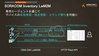 OMA DM LwM2M
• OMA DMとは？
• Open Mobile Alliance (OMA)で定められた
デバイス管理の業界標準
• 通信プロトコルとデバイス管理オブジェクトを規定
• OMA DM LwM2Mとは？
• OMAが...