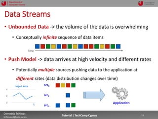 12/12/2018 19Demetris Trihinas
trihinas.d@unic.ac.cy
19Tutorial | TechCamp Cyprus
Department of
Computer Science
• Unbounded Data -> the volume of the data is overwhelming
• Conceptually infinite sequence of data items
• Push Model -> data arrives at high velocity and different rates
• Potentially multiple sources pushing data to the application at
different rates (data distribution changes over time)
Data Streams
Application
src1
src2
src3
0
2
4
input rate
t
 