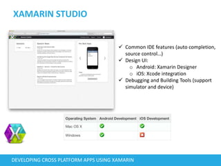 XAMARIN STUDIO
DEVELOPING CROSS PLATFORM APPS USING XAMARIN
 Common IDE features (auto completion,
source control…)
 Design UI:
o Android: Xamarin Designer
o iOS: Xcode integration
 Debugging and Building Tools (support
simulator and device)
 