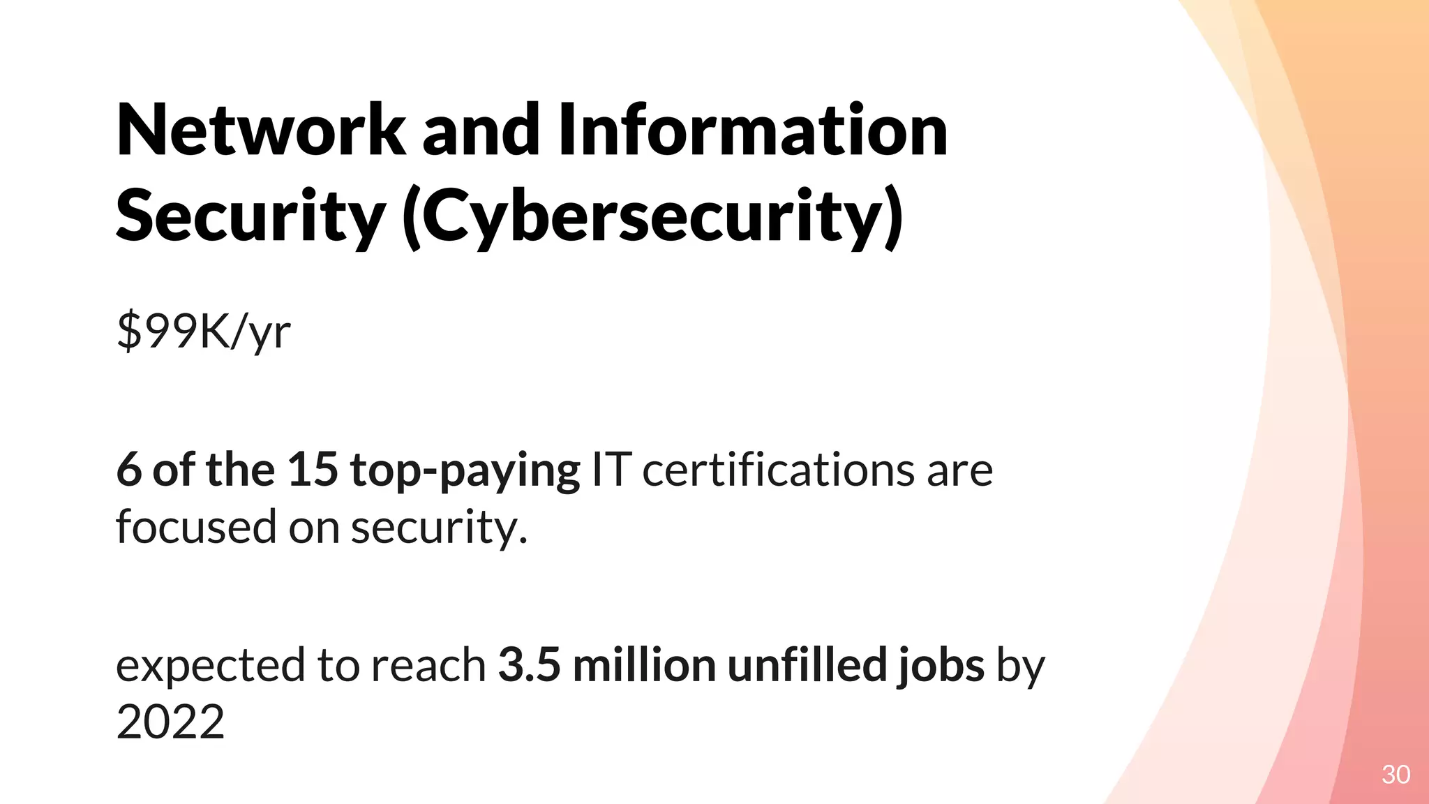 Network and Information
Security (Cybersecurity)
30
$99K/yr
6 of the 15 top-paying IT certifications are
focused on security.
expected to reach 3.5 million unfilled jobs by
2022
 
