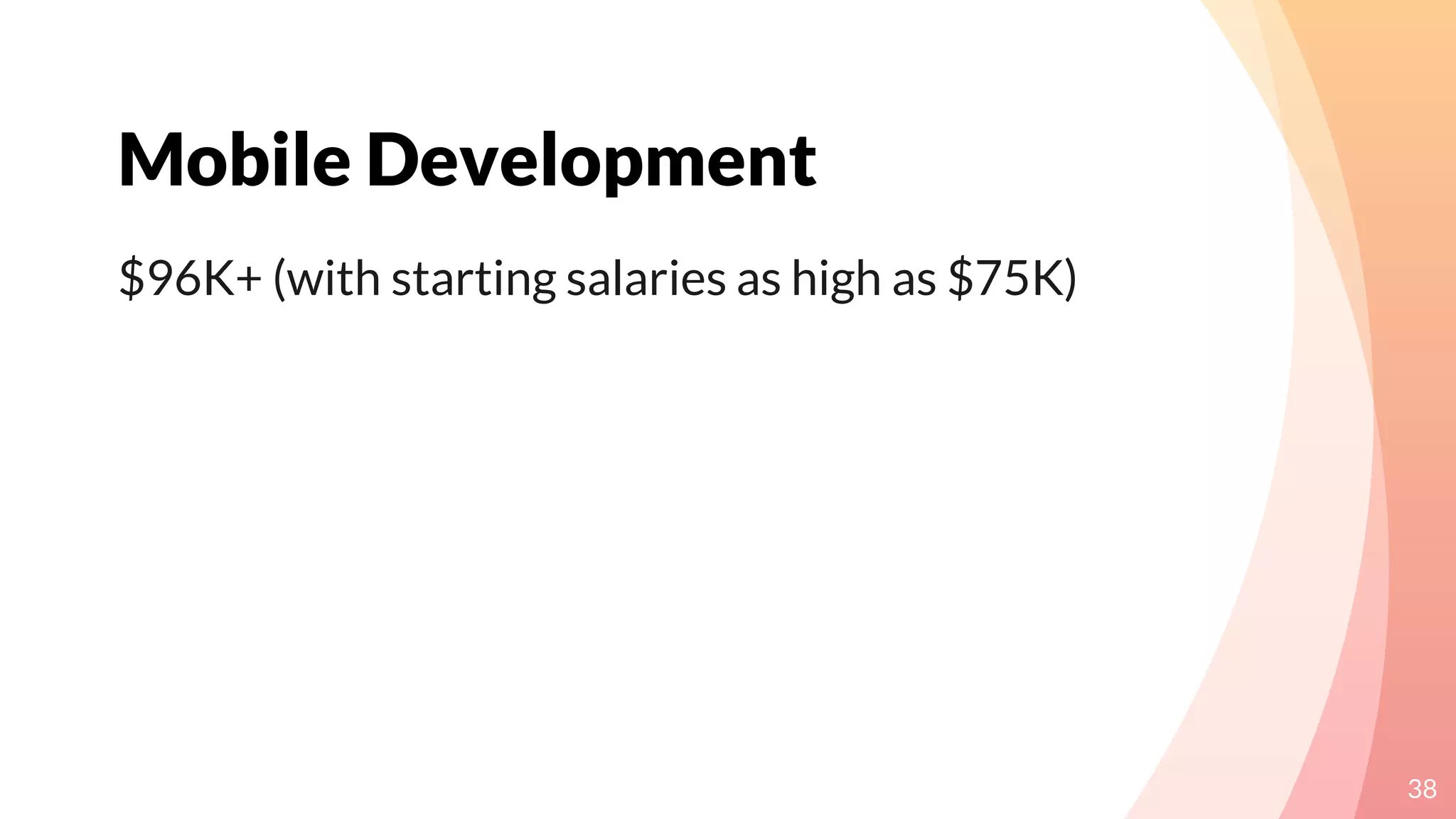Mobile Development
38
$96K+ (with starting salaries as high as $75K)
 