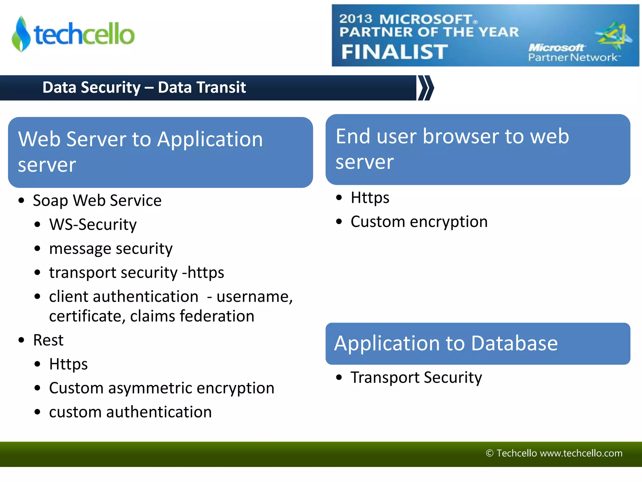 © Techcello www.techcello.com 
Data Security – Data Transit 
Web Server to Application 
server 
• Soap Web Service 
• WS-Security 
• message security 
• transport security -https 
• client authentication - username, 
certificate, claims federation 
• Rest 
• Https 
• Custom asymmetric encryption 
• custom authentication 
End user browser to web 
server 
• Https 
• Custom encryption 
Application to Database 
• Transport Security 
 