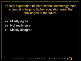 Faculty exploration of instructional technology tools is crucial in helping higher education meet the challenges of the future. Mostly agree Not really sure Mostly disagree 