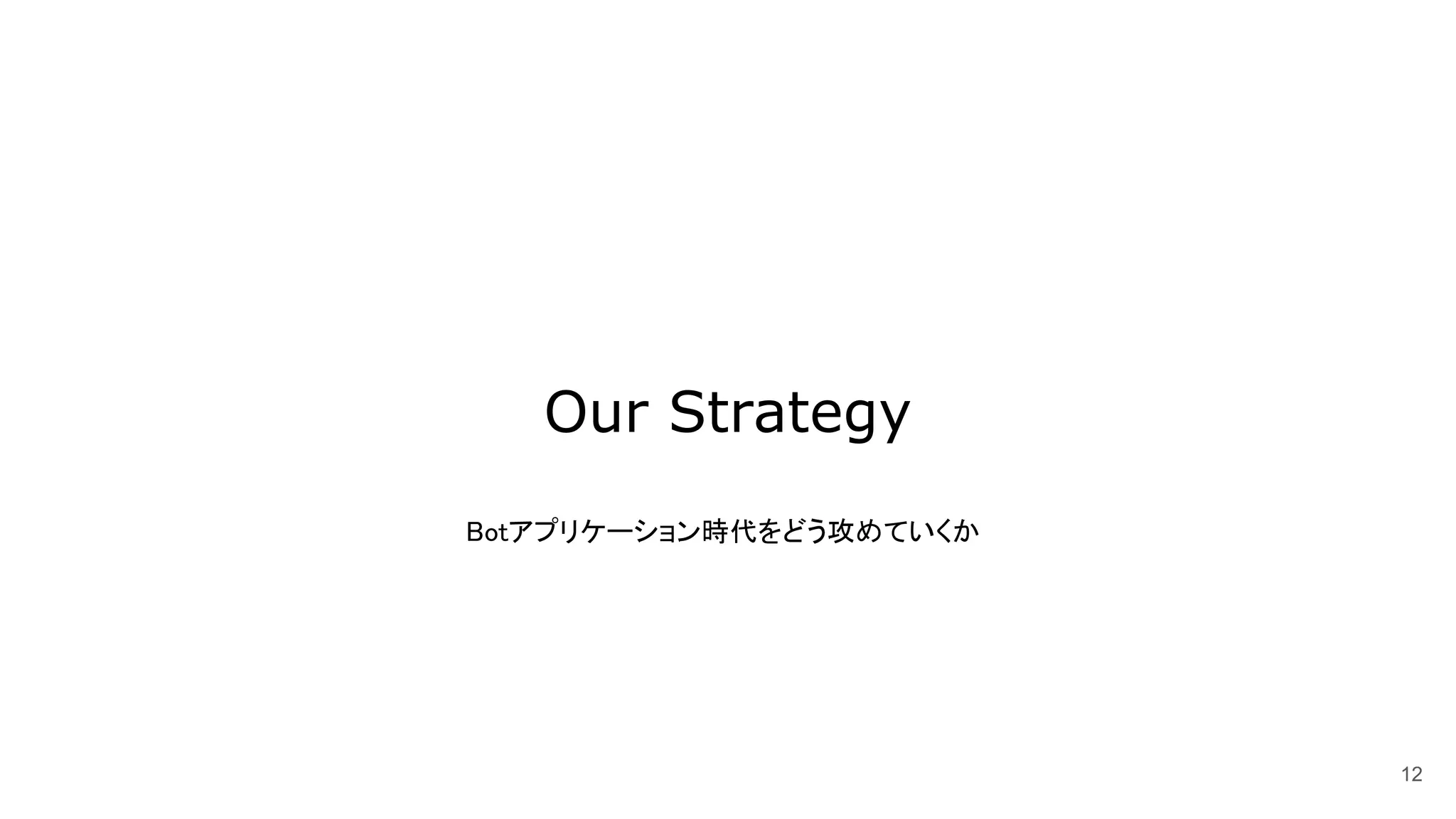 Our Strategy
12
Botアプリケーション時代をどう攻めていくか
 