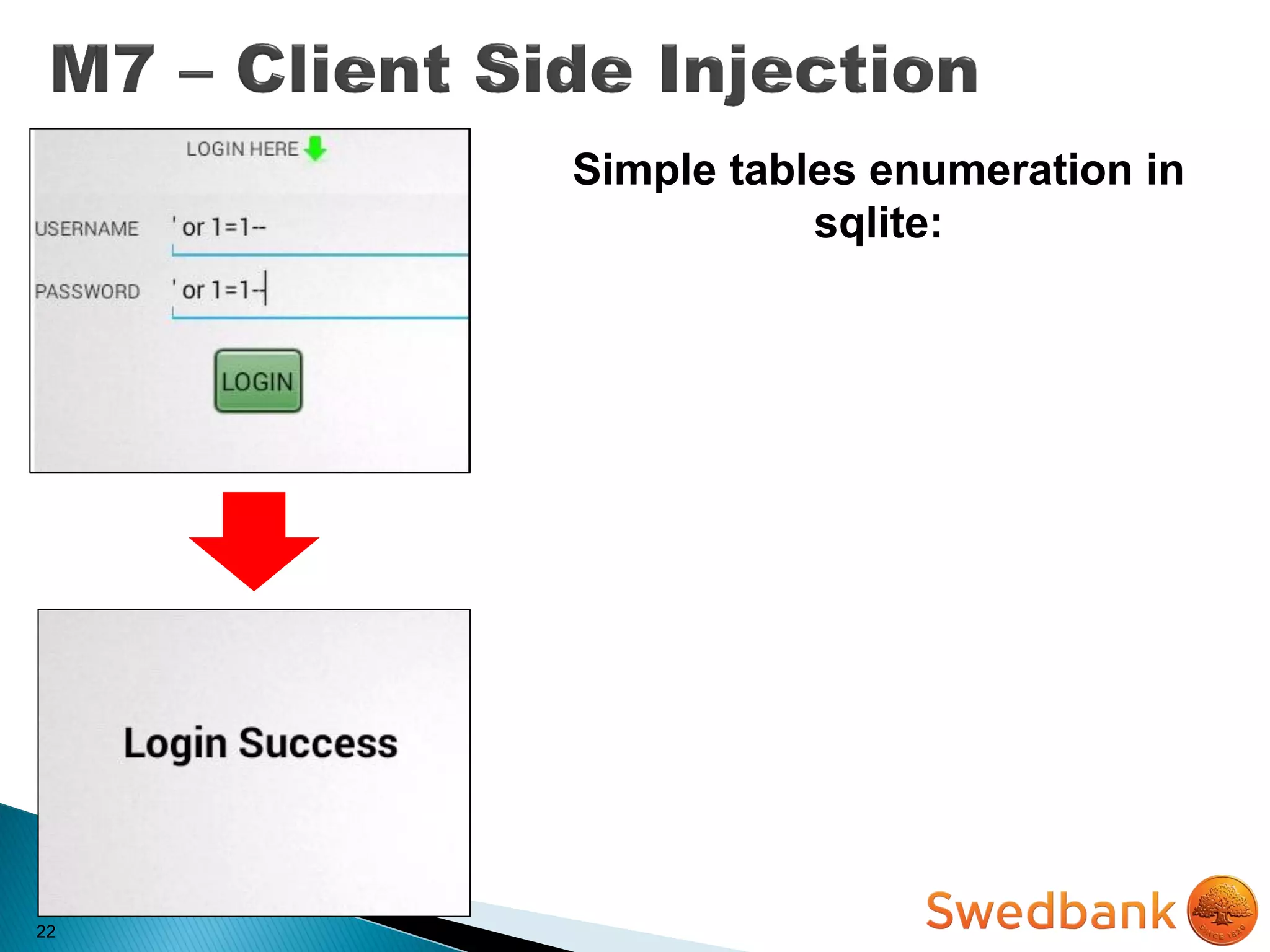 22
Simple tables enumeration in
sqlite:
 