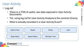 2016ConnectThe Premier Social Business and Digital Experience Conference
MakeEveryMomentCount
User Activity
• Log.nsf
§ There is a TON of useful, raw data captured in User Activity
Documents
§ Yet, using log.nsf for User Activity Analysis is the common Enemy
§ What is actually recorded in a User Activity Event?
Date & Time Reads Writes User
Bytes Read Bytes Written DB Open Time
 